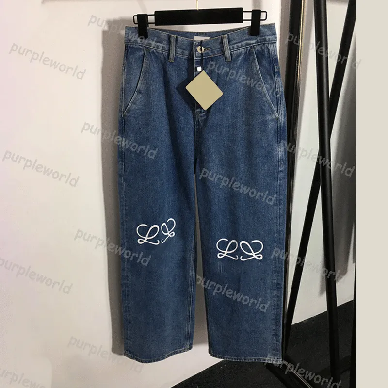 Jeans feminino designer casual perna larga azul perna reta solta calças jeans bordado impressão