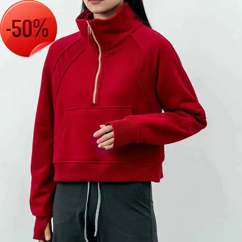 Yoga Outfit LU-99 Femmes Fitness Sweats à capuche Runing Veste Dames Sport Demi-Zip Sweat-shirt épais Lâche Manteau de style court avec trou de pouce en polaire Sportwearh