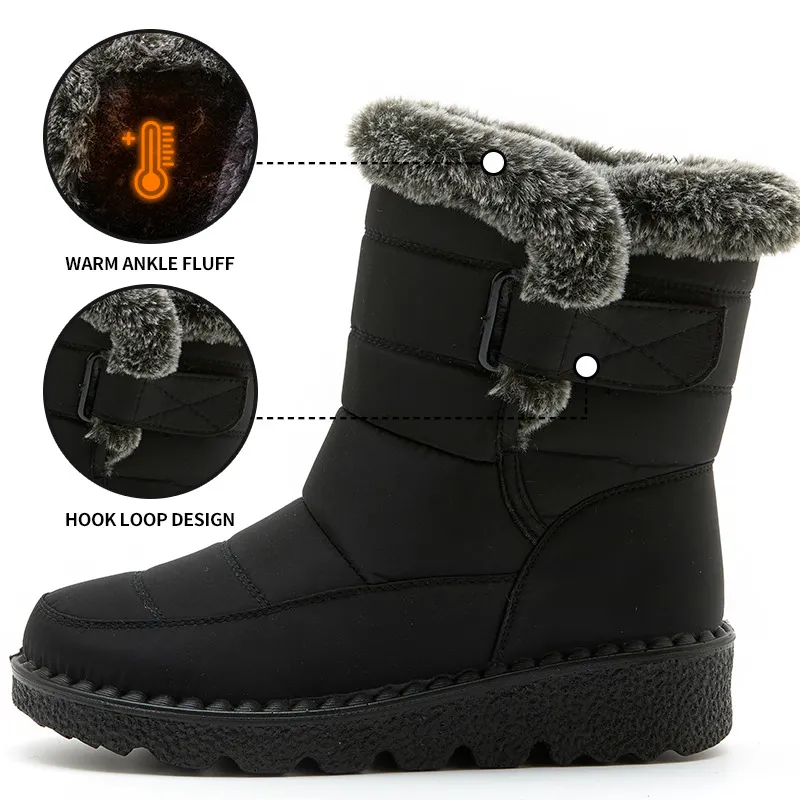 Hiver femmes bottes de neige couleur unie col de fourrure fourrure de lapin artificielle tube haut chaud imperméable femmes bottes chaussures décontractées grande taille 35-44