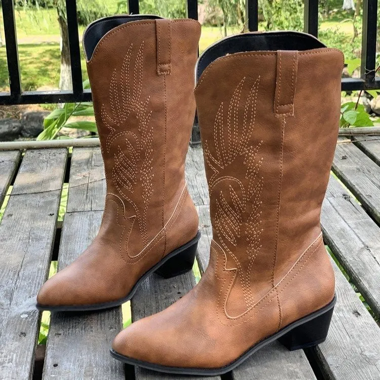 Buty kobiety Mid Calf Western Boots Cowboy Kowbojowy stóp kolana wysokie przyciąganie buty na damskie mody PU skórzane motocykl duże buty 230829