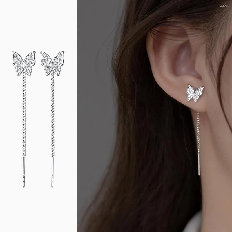 Baumelnde Ohrringe aus echtem 925er-Sterlingsilber, mikrogepflastert, Schmetterlings-Durchzug, zierlicher Tropfen-Einfädler-Ohrring, Schmuck für Frauen