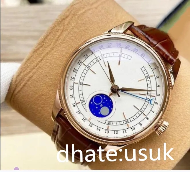 Luxusmenschen Watch Moonphase 50535-0002 Roségold weißes Zifferblatt 39 mm Automatische Bewegung Saphirkristallbraun Leder Armband Armbanduhr