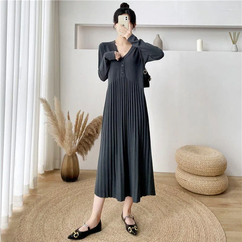 Casual Dresses Knit Women Sweater Dress Autumn Ladies Elegant Warm Maxi Midi Pleated Rib Party BodyCon V-Neck G775