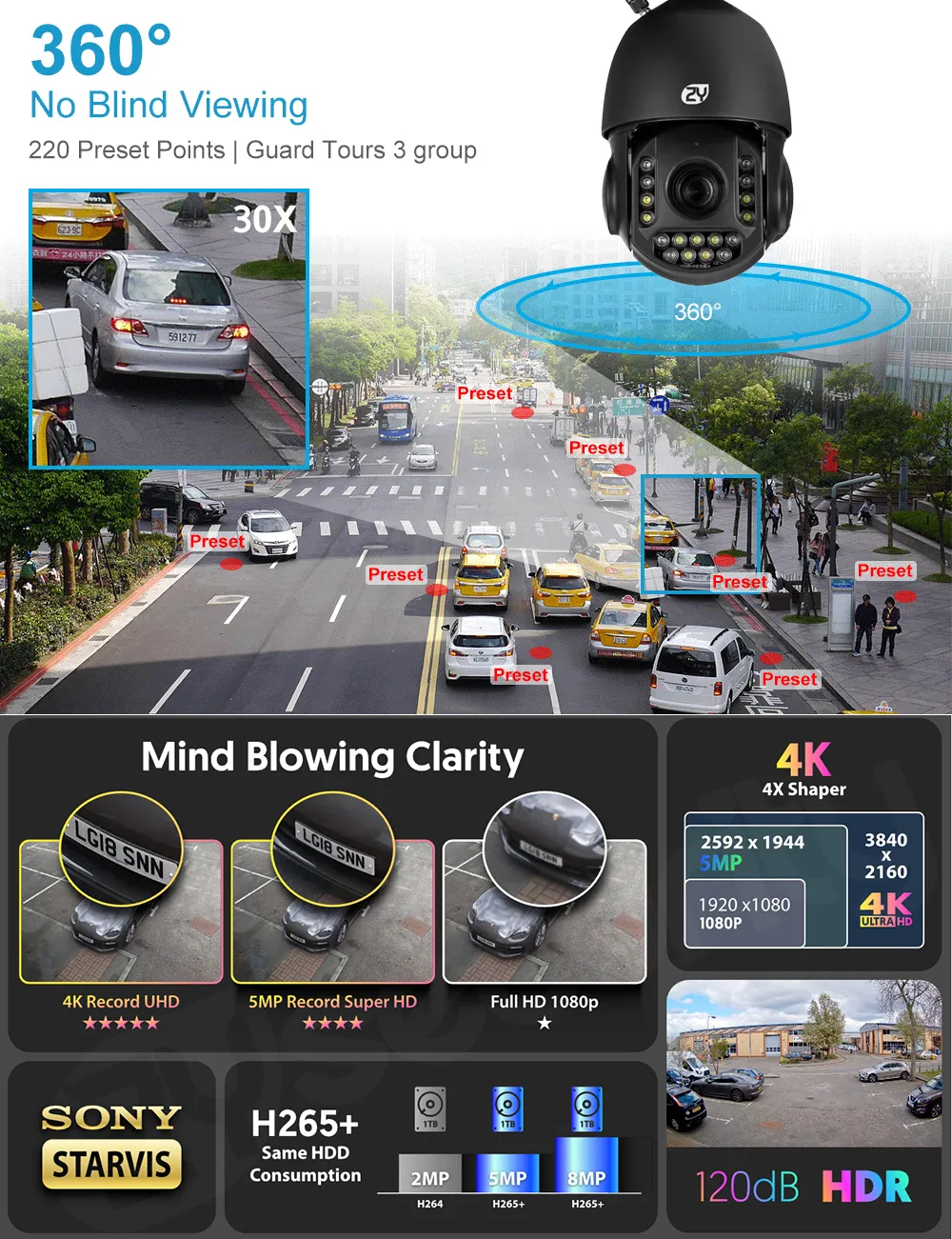 camara vigilancia wifi 8MP 4K PTZ 30X Zoom óptico exterior Humanos /  Vehículo AI Seguimiento POE Onvif Audio Speed Dome