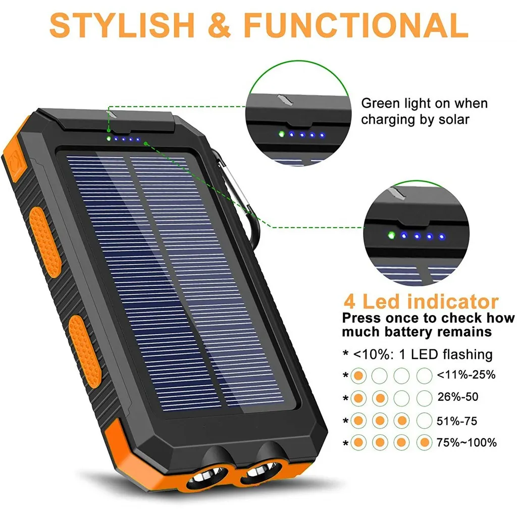 Solar Phone Charger, huge capacity 10000mah waterproof Lightweight Power Bank with solar panel, 2 output USB-C and 1 input for outdoor camping hiking emergency