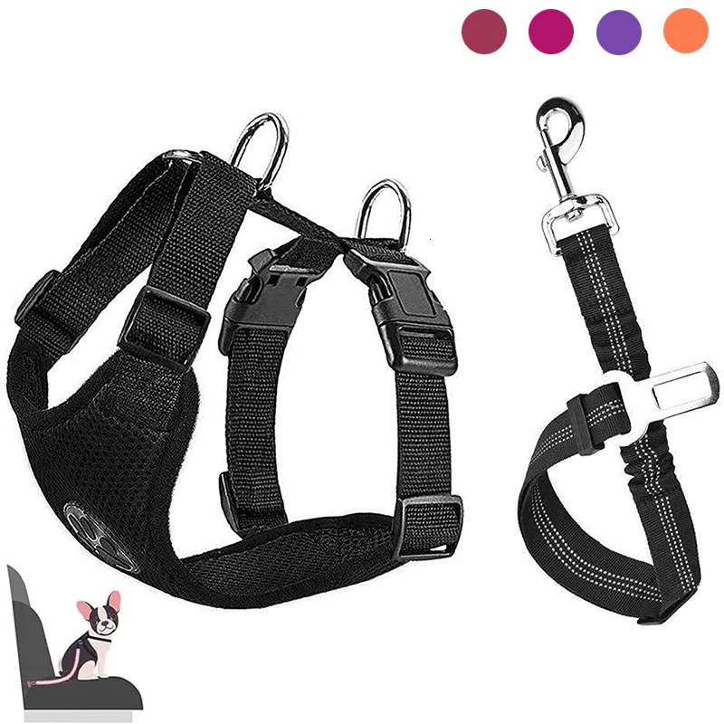 Dog Collars Leashes Dog Harness Adjustable Pet Safety Vest Harnesses Double Mesh Fabric with Car Vehicle Connector Strap for Small Medium Large Dogs 230829