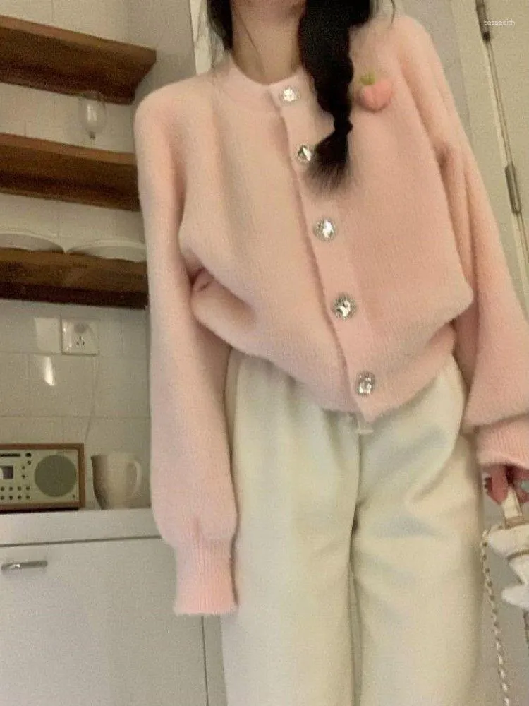 Women's Sweaters Korejepo Pink Mink Fleece Mohair Knitted Sweater Autumn Winter Design Cardigan Soft Casual Versatile Lazy Tops