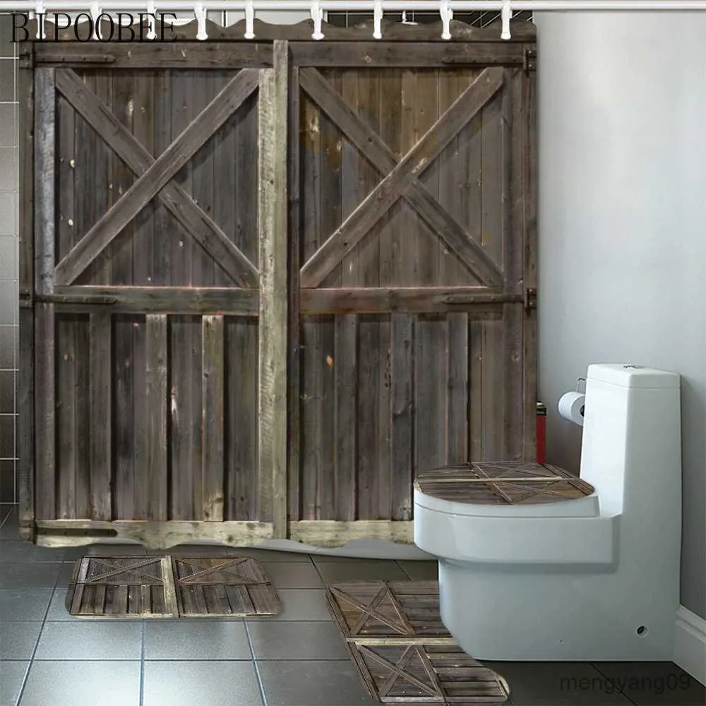 Rideaux de douche Porte en bois impression rideaux de douche salle de bain rideau ensemble portes en fer rouillé tapis de bain couverture tapis tapis antidérapant R230831