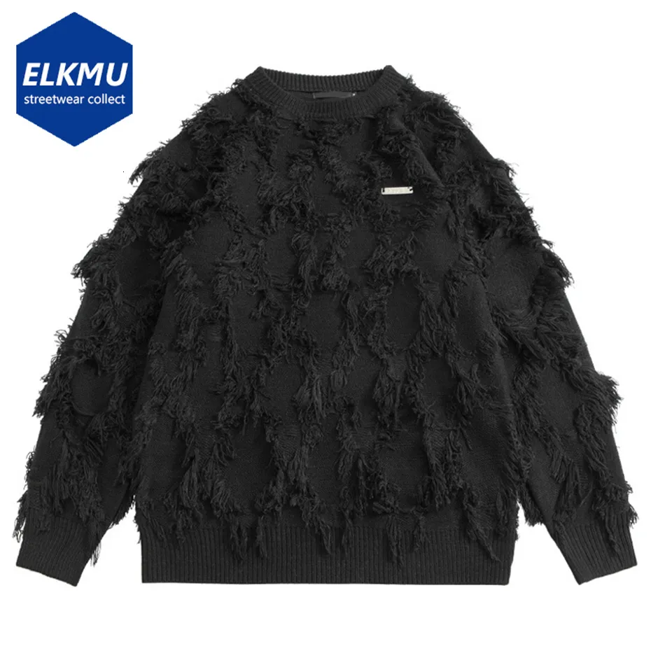 Men's Sweaters Distressed Tassel Oversized Streetwear Black White Fashion Hip Hop Jumpers Knitted Pullovers 230830