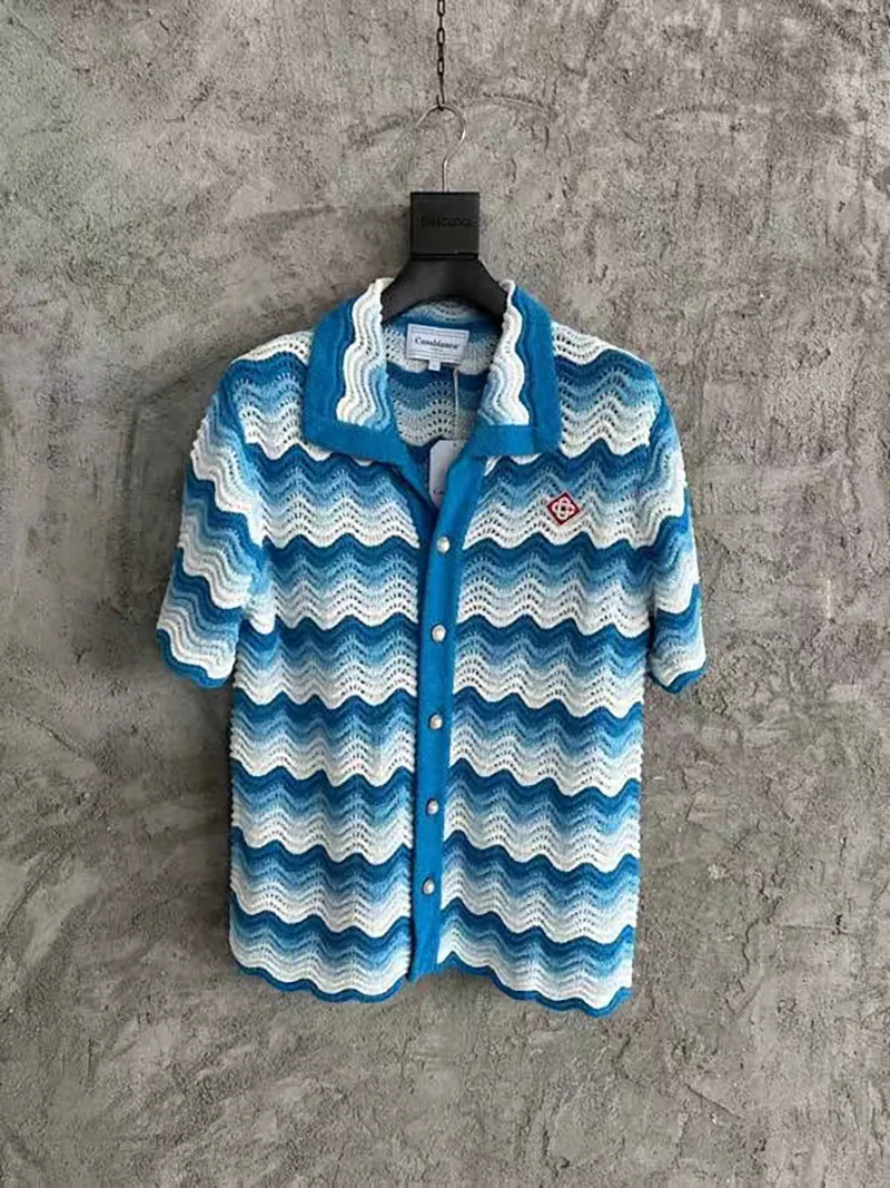 Men's Sweaters Y2k Blue Gradient Casablanca Sweater Men's Wave Pattern Hollow Out T-shirt Knit 230830