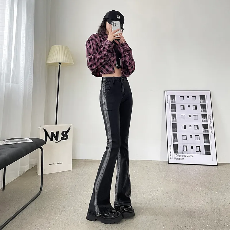 Женские джинсы Y2K Color Contrast Jean Pants Женская корейская мода высокая талия Demin Flare Brouser Girl Gothic Grunge Slim Fit Outwear Bottom 230829