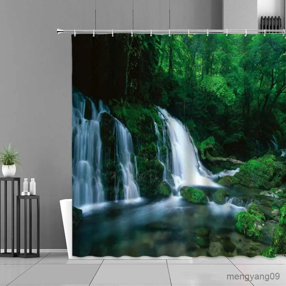 シャワーカーテン自然の風景シャワーカーテン滝の風景の木の石の家の浴室の装飾的なカーテン背景壁布防水R230831