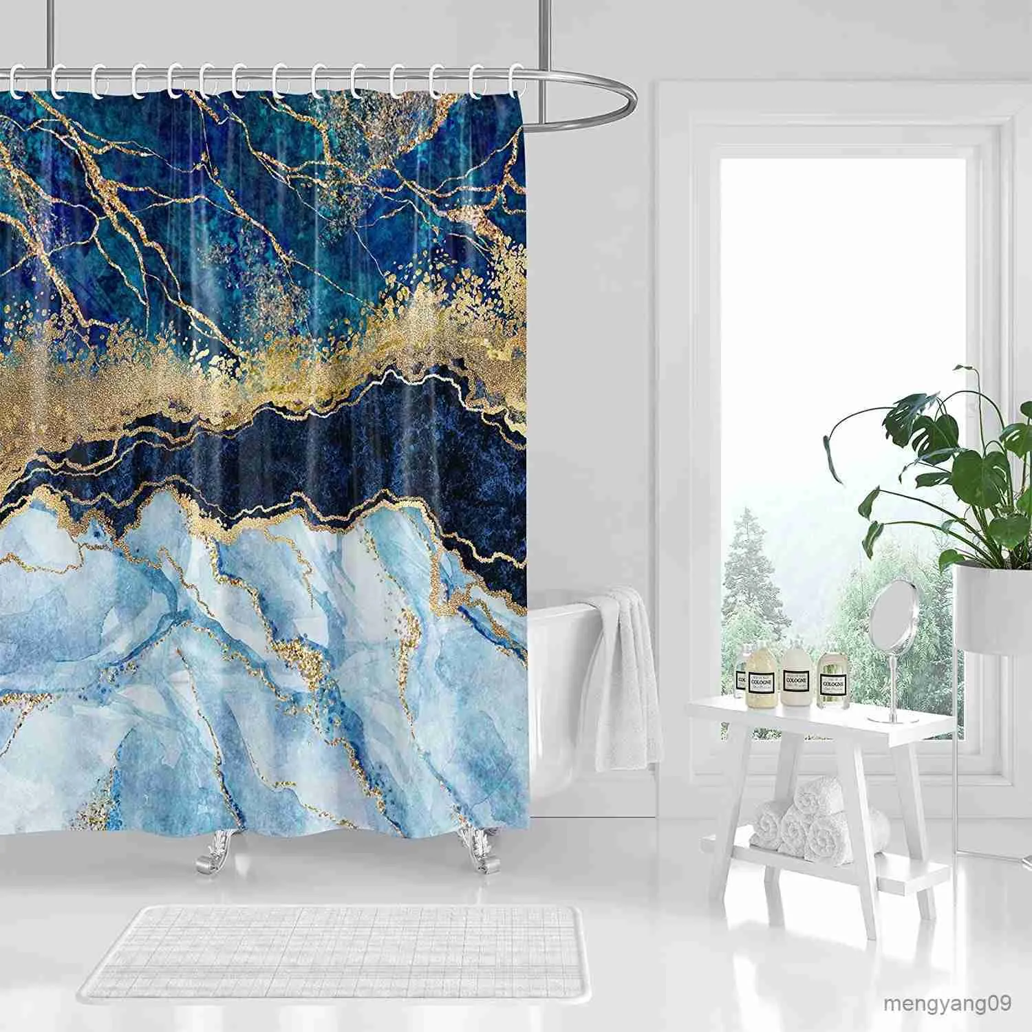 Shower Curtains Marble Shower Curtain Blue Curtain Set Abstract Luxury Golden Glitter Veins Texture Curtains for Bathroom Waterproof Fabric R230830