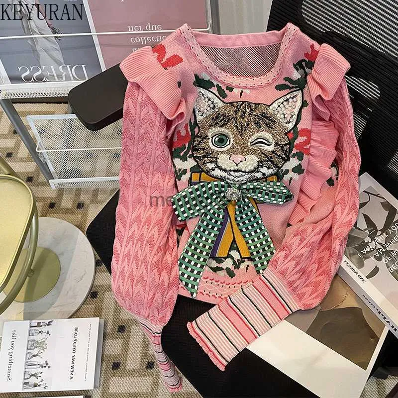 Damenpullover Vintage Rüschen Katze Stickerei Pullover Damen