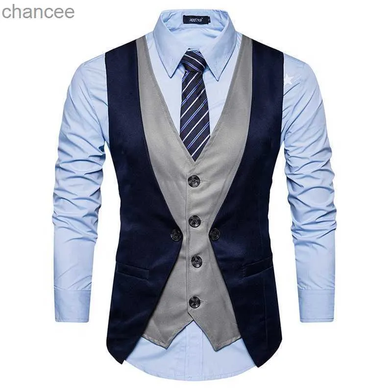 Männer Formale Weste Weste Business Einfarbig Single Button Weste gilet Gefälschte Zwei-stück V-ausschnitt Casual S-lim chalecos para hombre LST230831