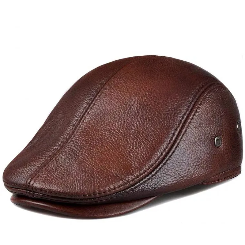 Berets Men's Outdoor Leather Hat Winter Mane Warm Ear Protection Cap 100 äkta pappa grossist Leisure 230830