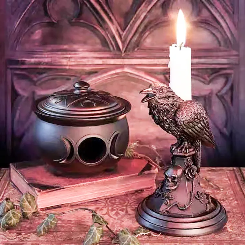 Dekorativa föremål Figurer Retro Gothic Black Crow Candle Holoween Staty Owl Home Decor Harts Harts Sculpture Craft Ornament 230830