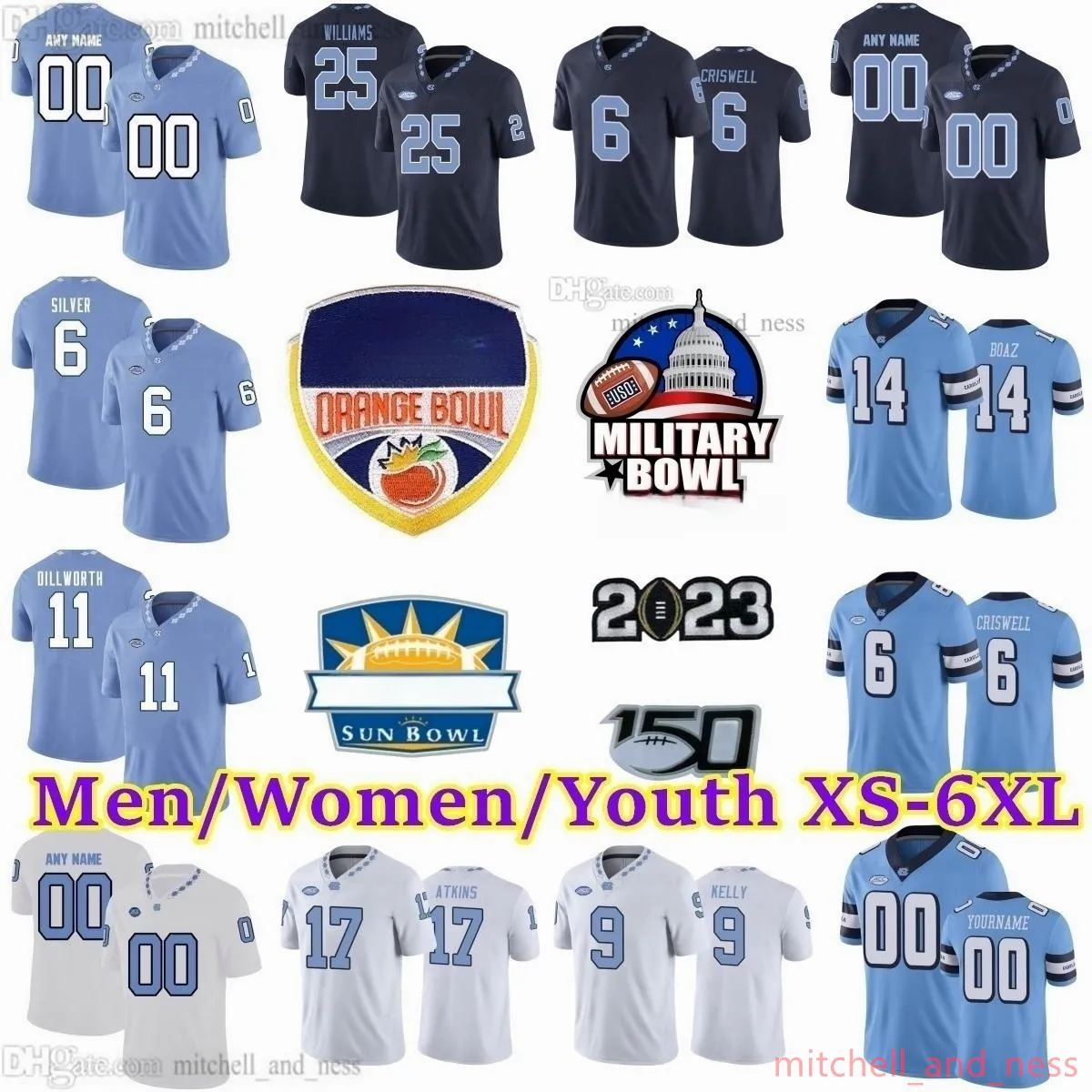 Aangepaste S-6XL NCAA North Carolina Tar Heels voetbalshirt 6 Jacolby Criswell 17 Grayson Atkins 14 Jefferson Boaz 11 Raneiria Dillworth 10 Mitchell Trubisky