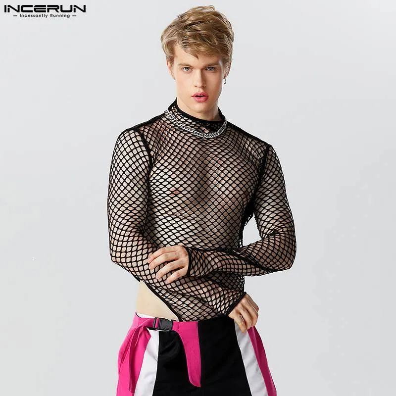 Män S Sleepwear Men bodysuits Mesh Patchwork Transparent Turtleneck långärmad fest T Shirts Rompers 2023 Sexig mode unisex bodysuit incerun 230830