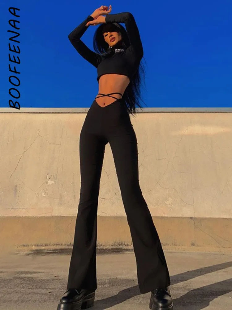 Женские брюки S Boofeenaa Cyber ​​Y2K Flare Pants E Girl Sexy Strechy Brouser Lace Up v Талия низкий рост хараджуку черные брюки C85-BB28 230831