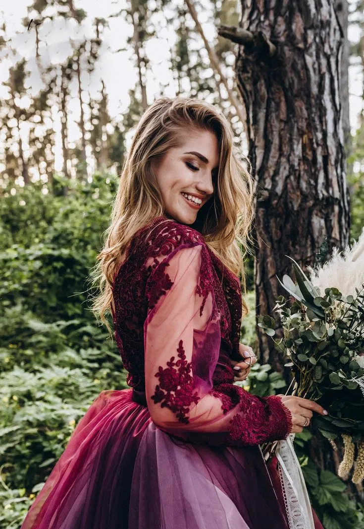 Burgundy and Vintage A-Line Tulle maroon dress for wedding with Long Sleeves, V-Neck, Backless Design, Lace Appliques, and Pastrol Style for Garden or