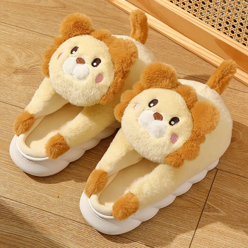 Slippers Women Men Plush Cotton Winter Fluffy Warm Soft Sole Thick Platform Heel Couples Cute Animal Cartoon Lion Girls Shoes 230831