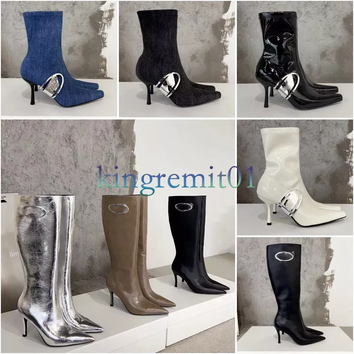 براءات الاختراع في الكاحل أحذية المصمم أحذية النساء مد-Eclipse Boot Fashion L Runway D-Venus High Boot مدبب Slim Heel Side Boot Short