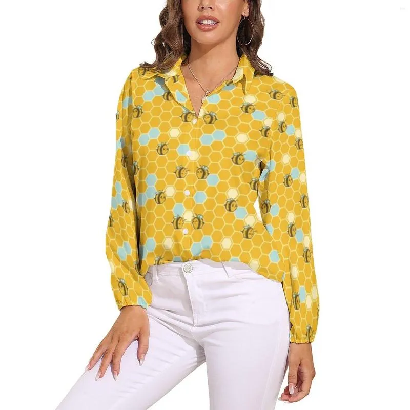 Damskie bluzki sześciokątne pszczoły bluzka dla kobiet miodu nadruk swobodny luźne eleganckie koszulę z długimi rękawem