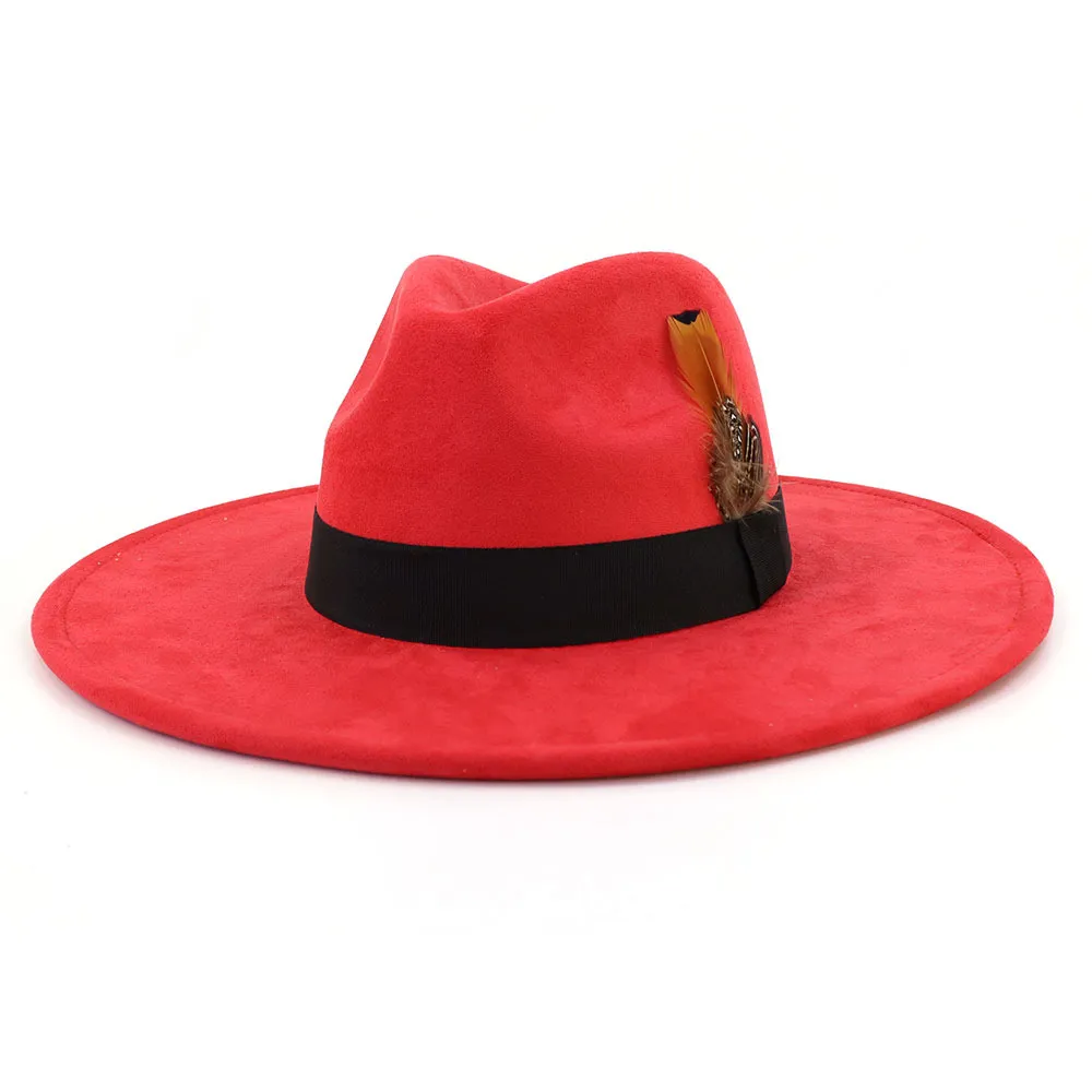 Elegant Red Wide-Brim Felt Hat with Feather Accent Red Wide Brim Fedora - Etsy main image 3