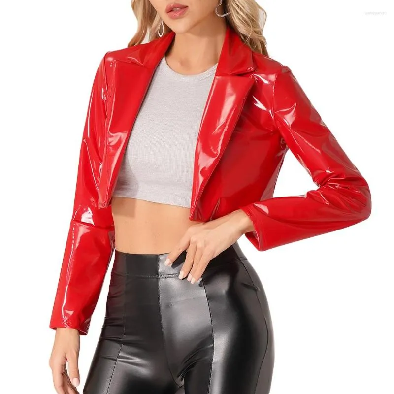 Vestes Femmes Femmes Sexy Wetlook Brillant PVC Court Crop Top Veste Brillant Manches Longues Recadrée Revers Stage Danse Exotique Fêtes Nuit