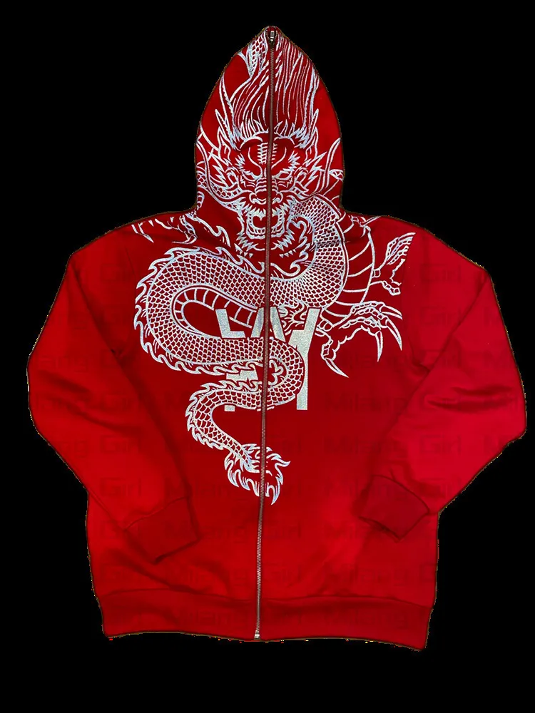 Herrtröjor tröjor herr hoodies zip hoodie draken tryck röd goth tröja sportrock hip hop song hylsa överdimensionerad hoodie y2k jacka 230831