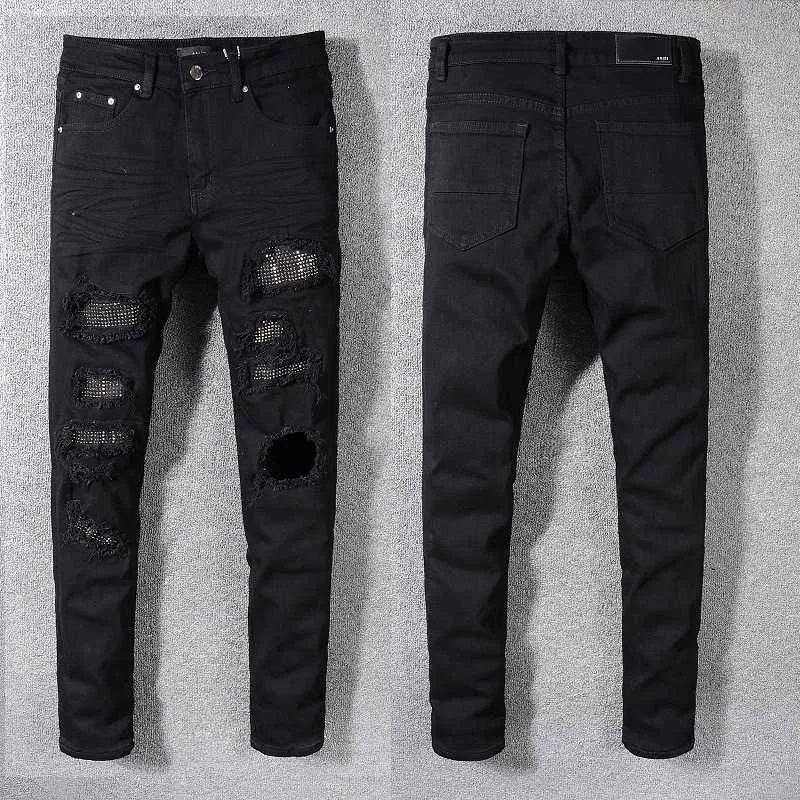 565 black with holes Men's patch stretch slim skinny high-street jeans