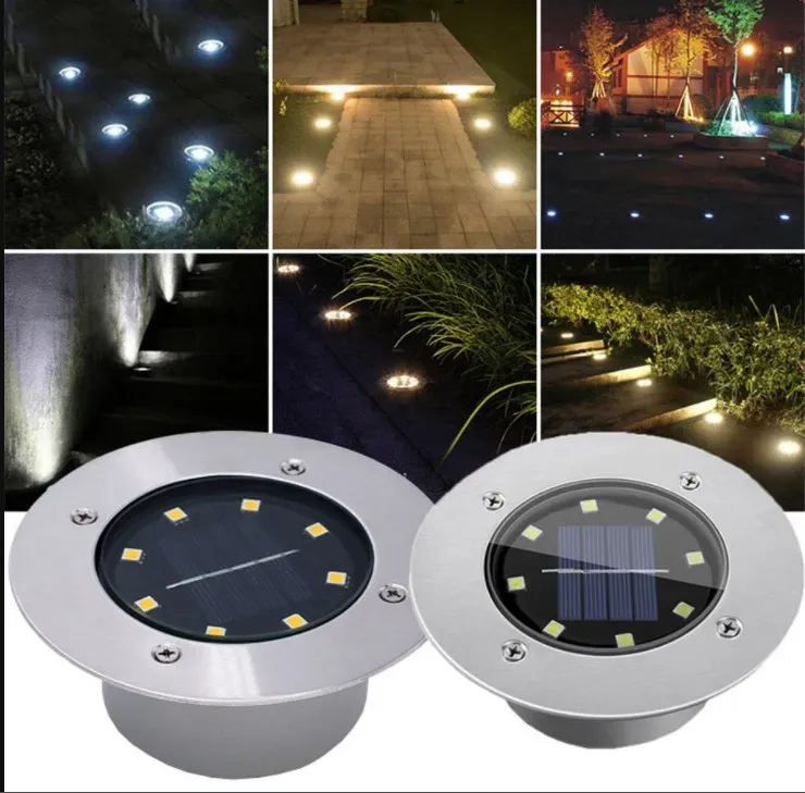 8 LED Outdoor Solar Lamps Podziemne lampy Pochowana podłoga Wodoodporna ścieżka krajobrazowa Droga Drogna Światło Lek
