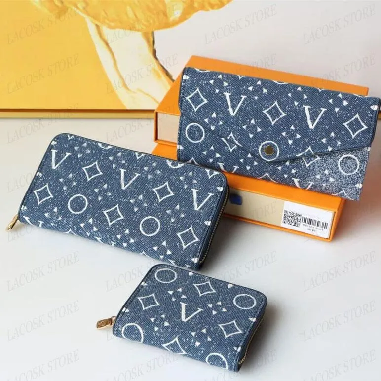 Denim Designer Wallets Mens Womens Embroidery Letter Flower Purses Luxury Clutch Bags Cowboy Canvas Blue Credit Card Wallet