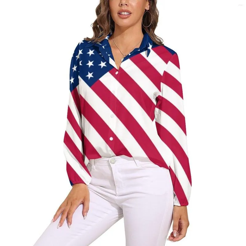 Blusas femininas patrióticas bandeira americana blusa feminina estrelas e listras imprimir casual solto manga longa camisa bonito design roupas tamanho grande