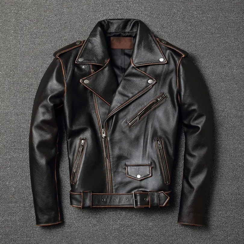 Herrläder faux yrsalesclassic motorcyklist äkta läderjacketslim cowhide coatfashion vintage klädplus storlek 230831