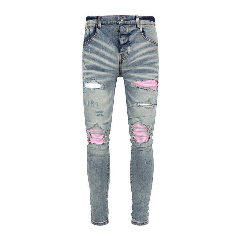 Pantaloni in denim hip-hop da uomo JB Street Jeans azzurri skinny traforati rosa con patch