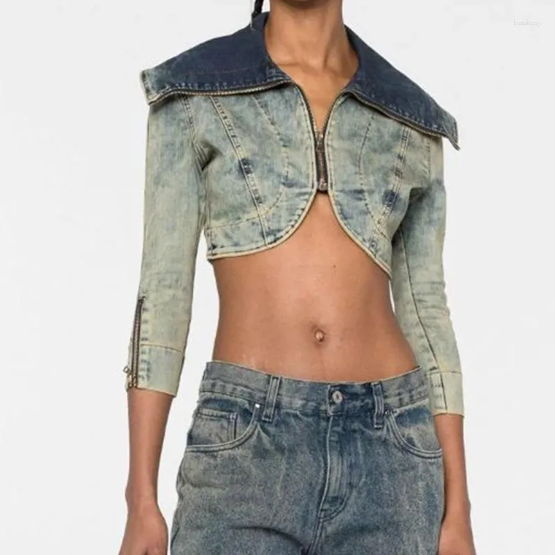 Vestes pour femmes 2023 Haut de gamme Designer de mode Vintage Zipper Revers Court Denim Jacket Top Y2K