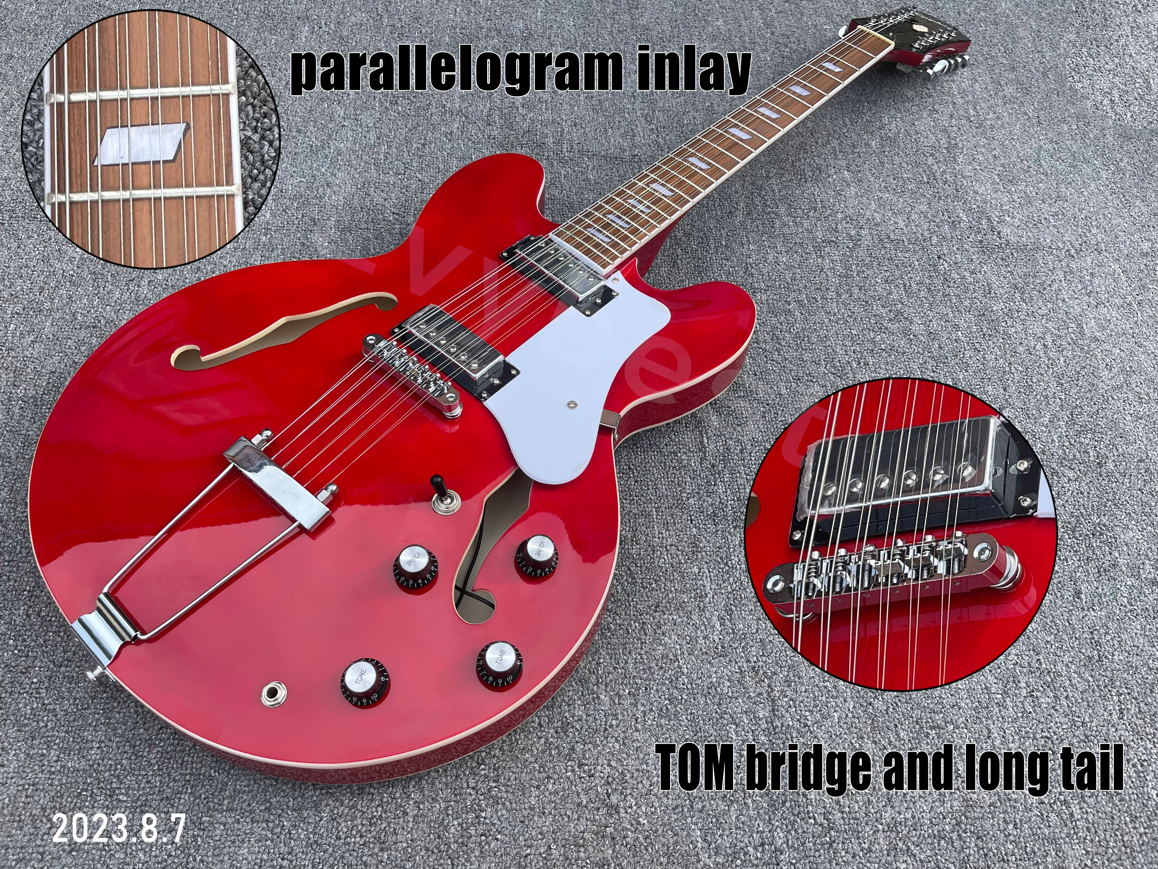 Hollow Body Jazz Electric Guitar 12 Strängar Se genom träkorn Red Rosewood Fretboard Parallelogram Inlay Bridge Installera direkt på kroppen