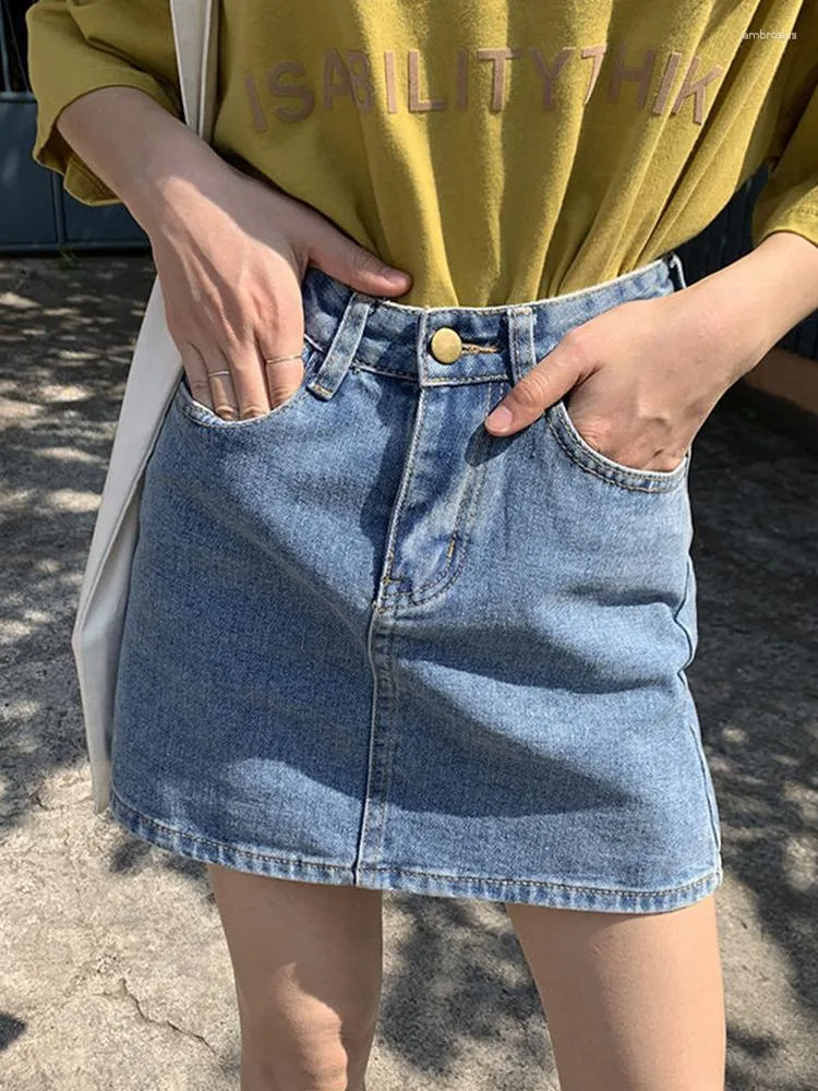 Skirts Streetwear Female High Waist A-line Slim Fit Blue Denim Skirt Spring Summer Women Button Retro Jeans Short