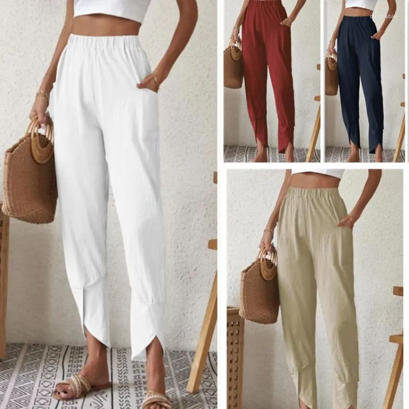 Women's Pants Women Clothing Vintage Cotton Linen Elastic Waist Wide Leg Trousers Female Casual Solid Pockets Loose Cropped S-5XL