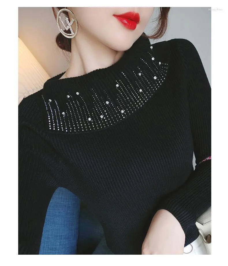 Women's Sweaters 2023 Autumn Design Turtleneck Rhinestone Patched Shinny Bling Thickening Knitted Sweater Jumper Tops SMLXL