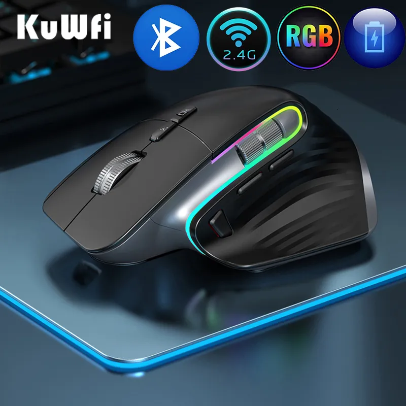 Fareler Kuwfi Şarj Edilebilir Kablosuz Fare Sessiz Oyun Fare 2.4G Bluetooth Mause PC Dizüstü Bilgisayar için Ergonomik 4000DPI 9 Düğme RGB Fareleri 230831