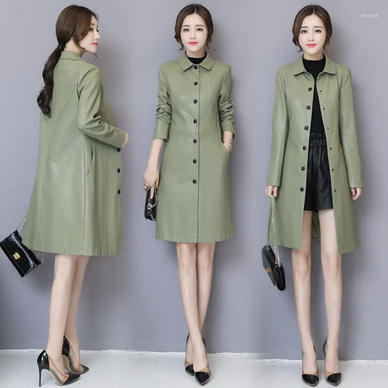 Chaqueta de otoño primavera de cuero para mujer, ropa ajustada, moda coreana, abrigo de longitud media, cortavientos para mujer, chaqueta de un solo pecho para mujer 2023