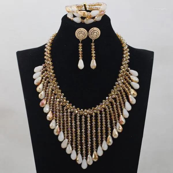 Necklace Earrings Set Magnificent Champagne Crystal Design Nigerian African Wedding Bridal/Women Beads Jewelry ANJ189