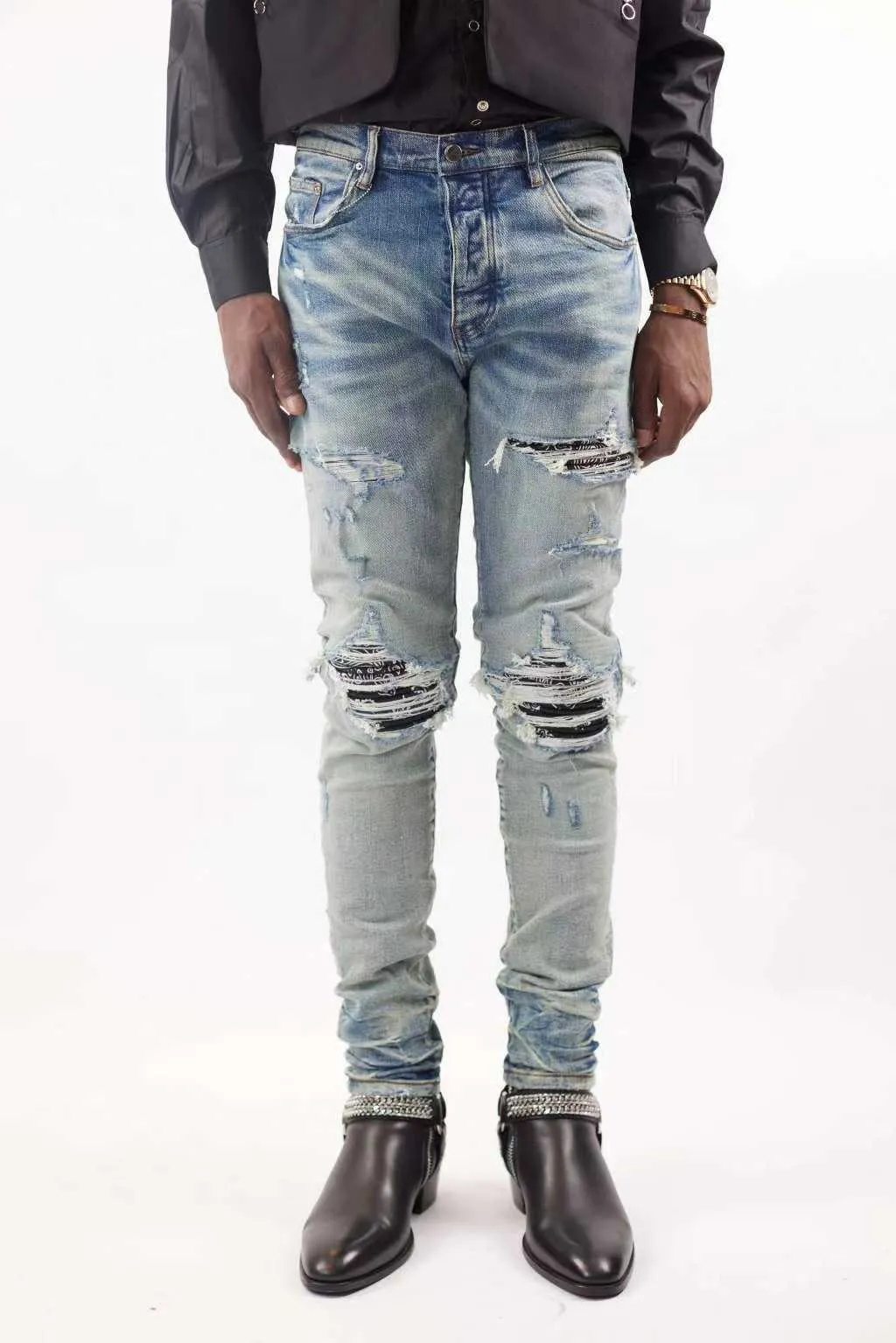 Men's Summer Light Blue Leather Patch Broken Jeans Men