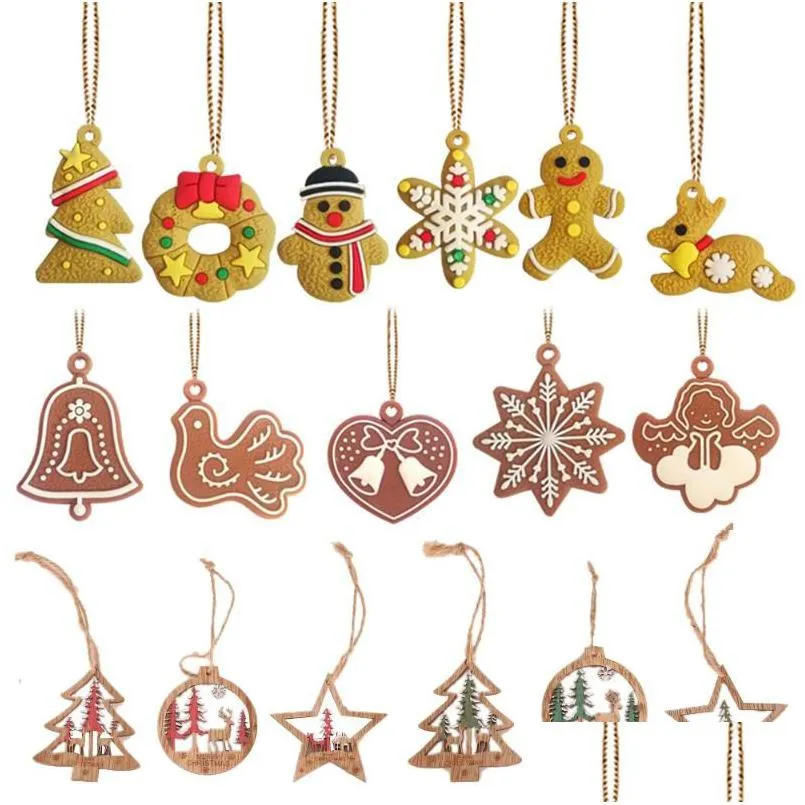 Charms Wooden Gingerbread Man Deer Snowman Christmas Ornaments Xmas Tree Hanging Pendant Party Home Drop Decorations Delivery Jewelry Dh1Vl