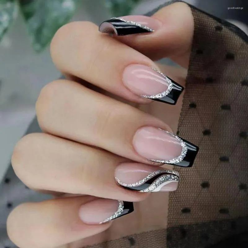 False Nails 24pcs/box 짧은 발레리나 가짜 프랑스 반짝이는 검은 실버 러브 하트 프레스에 DIY 전체 커버 네일 팁