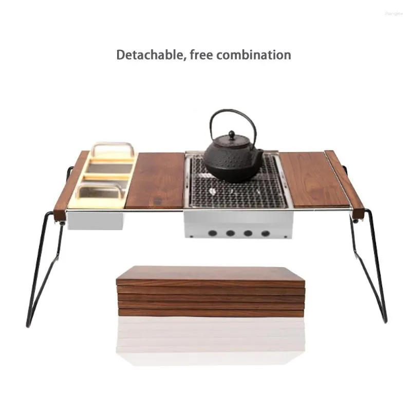 Mobilier de camping Combinaison d'extérieur Table pliante portable amovible en bois massif Camping BBQ Touriste pour poêles à gril Accessoire de brûleur à gaz