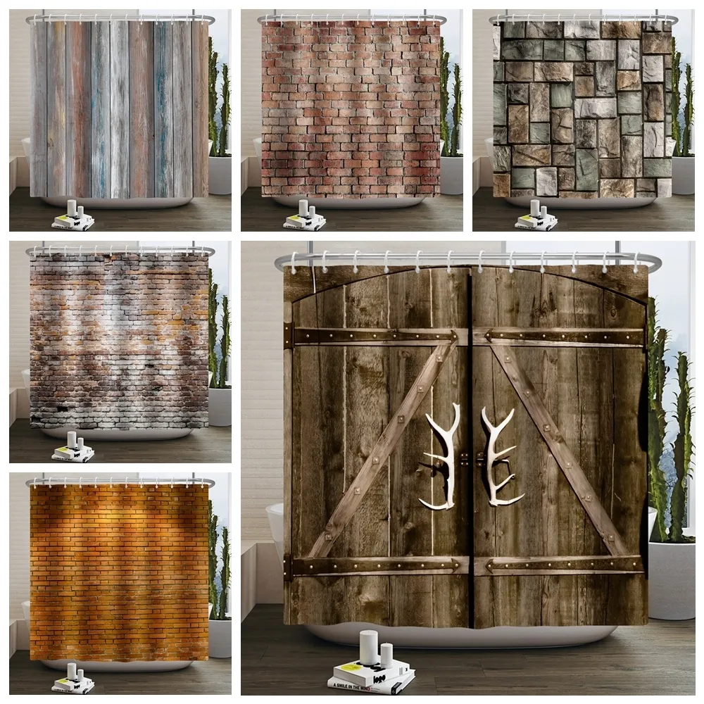 Shower Curtains 3D Printing Brick Shower Curtains Vintage Stone Brick Wall Wood Door Polyester Fabric Hanging Curtain Bathtub Bathroom Decor 230831